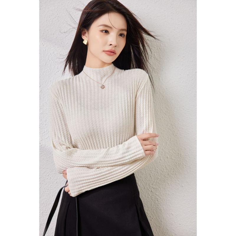 Silk-containing Wool Sweater Women's Early Autumn New Semi-turtleneck Knitted Sweater Sweater with Waffle Backing Top
