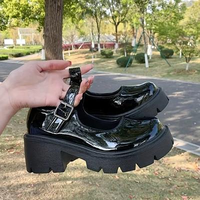 Черные туфли на платформе с ремешком на щиколотке, женские туфли Мэри Джейн из японской лакированной кожи, панк, толстый каблук, обувь в стиле Лолита