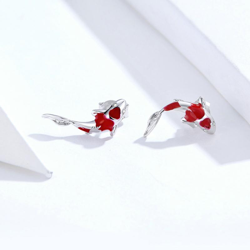 Bamoer Luck & Courage Earrings 925 Silver Koi Red Enamel Silver Polished Women Stud Earrings