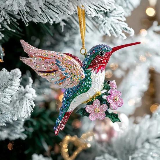 Hummingbird Christmas Ornaments Glitter Rhinestones Floral Hummingbird Ornaments for Christmas Tree 2D Acrylic Keepsake Gifts for Bird Lovers