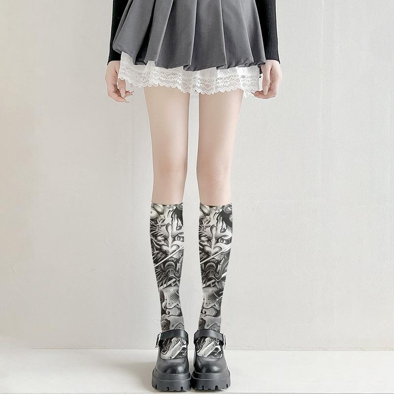 Модные носки с татуировкой на бедрах, чулки с принтом, девушки Лоли, японские сексуальные чулки, тонкие модели, разные размеры