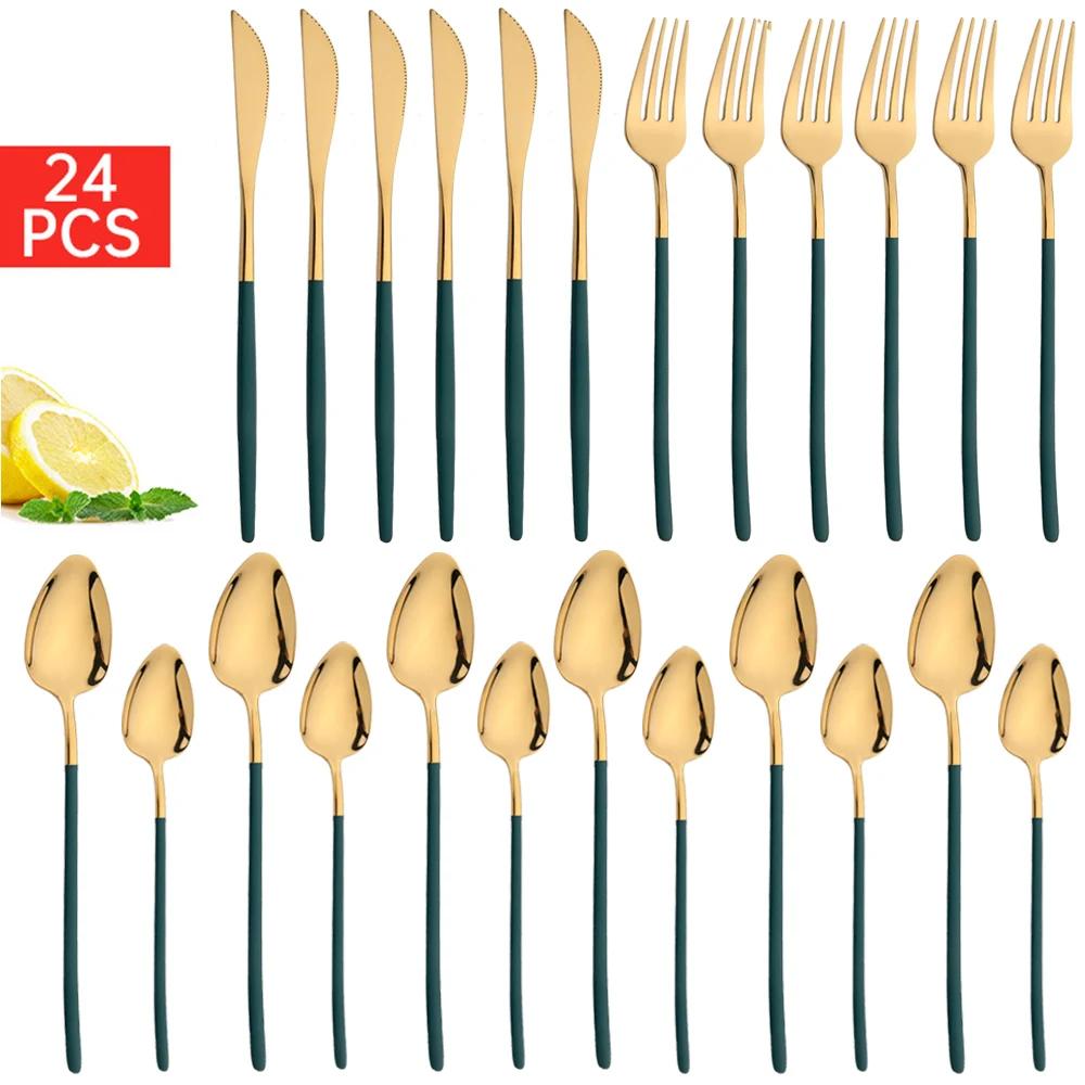 24Pcs Christmas Dinnerware Set Stainless Steel Tableware Knife Fork Dessert Spoon Flatware Black Western Kitchen Cutlery Gift