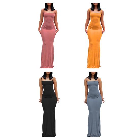 Женское платье-слинг без рукавов с квадратным воротником, облегающее платье длиной до пола, однотонное офисное вечернее свадебное сексуальное платье