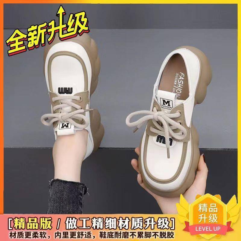 Универсальные туфли из кожи на толстой подошве, женская обувь, весна 2025, новые туфли-муффины с мягкой подошвой, круглой головкой, на шнуровке, увеличивающие рост, одинарные туфли