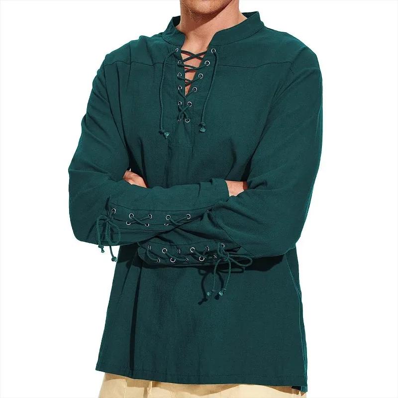 Shirt Long-sleeved Hippie Casual Beach Stand Collar Shirt New Men's New Design Lace-up Cotton Linen Henry