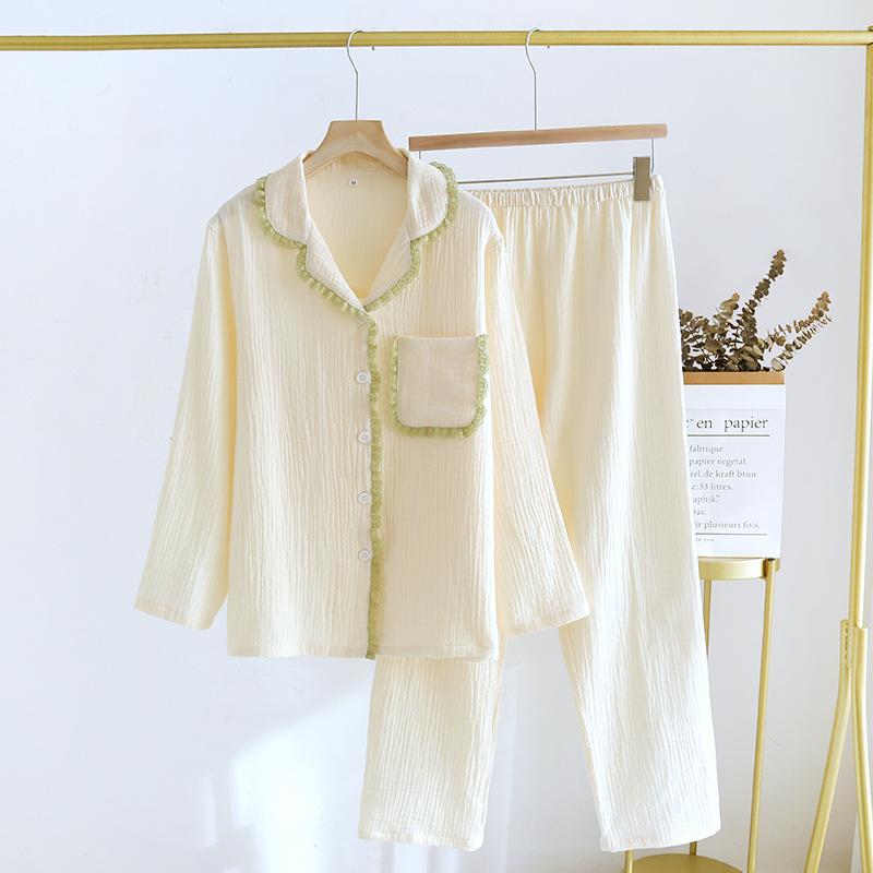 2025 Spring and Autumn New Women's Pajama Set 100%Pure Cotton Crepe Lapel Long Sleeved Pants Two Piece Set Fresh Loose Home Fury