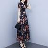 Ice Silk Short-sleeved Dress New V-neck Floral Long Skirt To Make Your Belly Cover