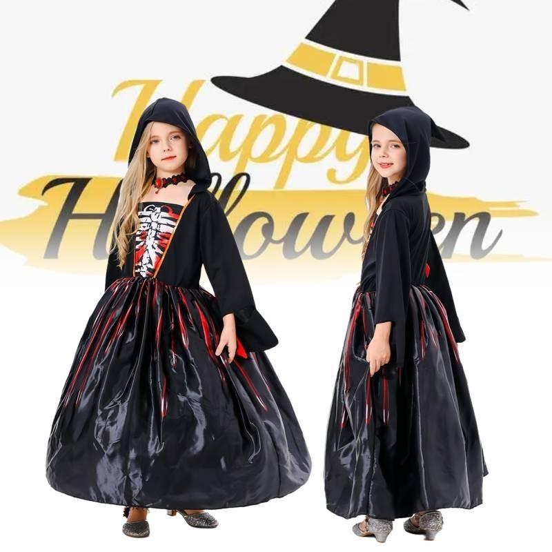 Жуткое черное платье для косплея на Хэллоуин для девочек с подходящим ожерельем