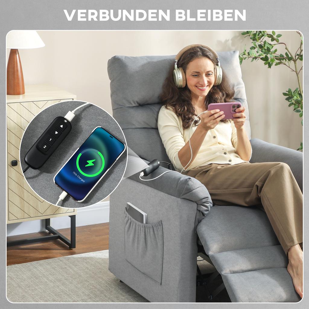 Recliner Chair, TV Armchair with Reclining Function, Lumbar Heating, 2 Remote Controls, USB Port, Quiet Motor, Grey