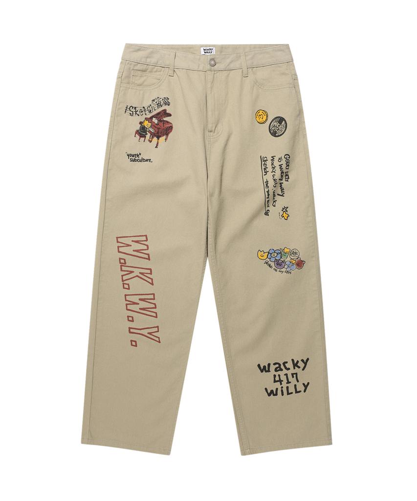 WACKY WILLY Straight Graphic Denim Pants Beige