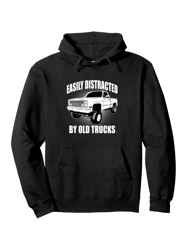 "Easy Distracted" Classic Truck Graphic Hoodie - Black Pullover with White Text