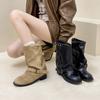 Fashion Versatile Retro Big Tube Wrinkled Piled Boots Women's 2025 Autumn and Winter New Belt Buckle Thick Heel Fashion Boots