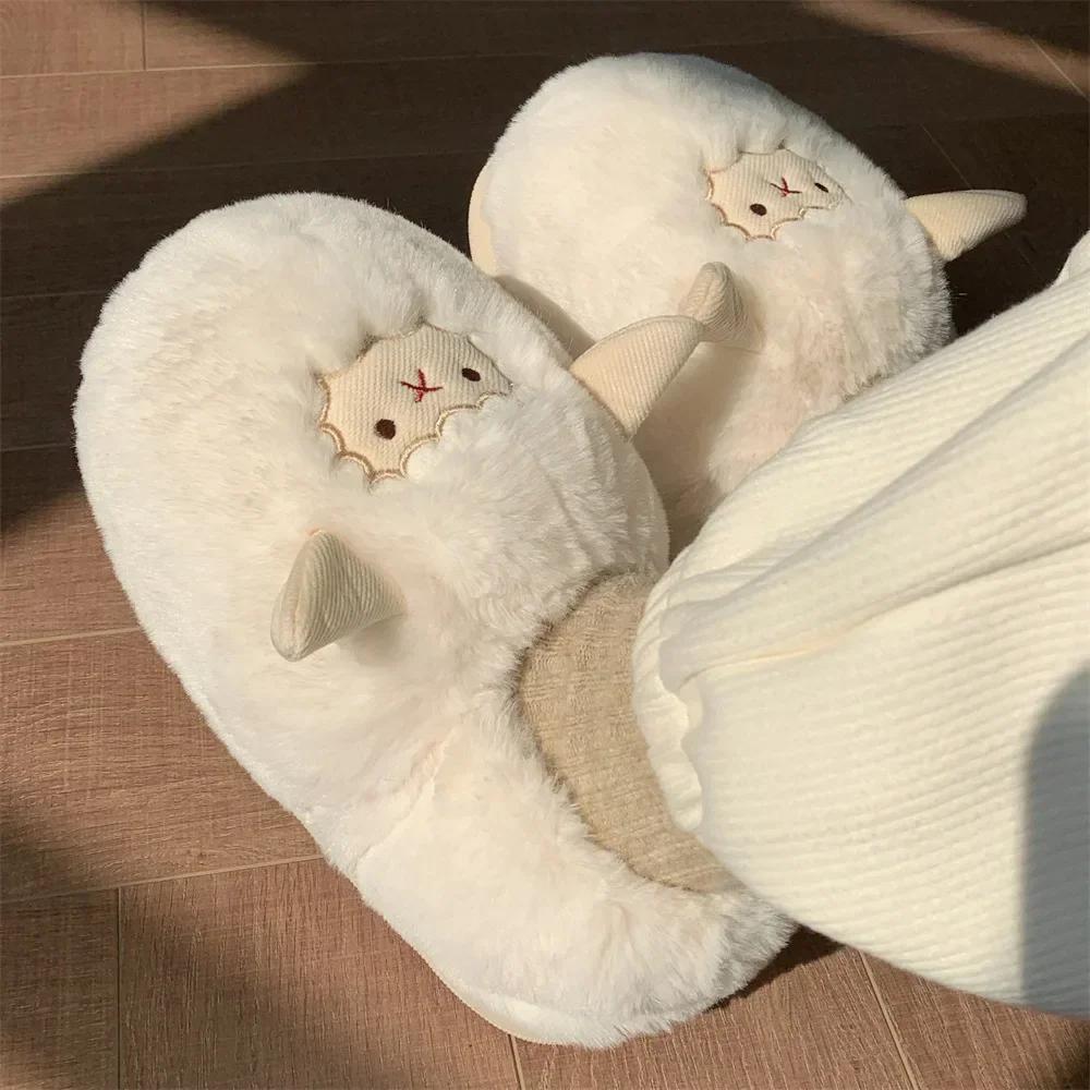 Fashion Cartoon Cute Fluffy Slippers for Women Winter Indoor House Animals Slippers Ladies Kawaii Faux Fur Slides Sheep Cotton Shoes2024
