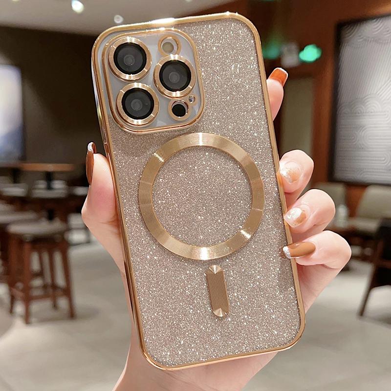 With Lens Protector Electroplate Phone Case for IPhone 15 14 11 12 13 Pro Max for Magsafe Wireless Charge Bumper Glitter Cover