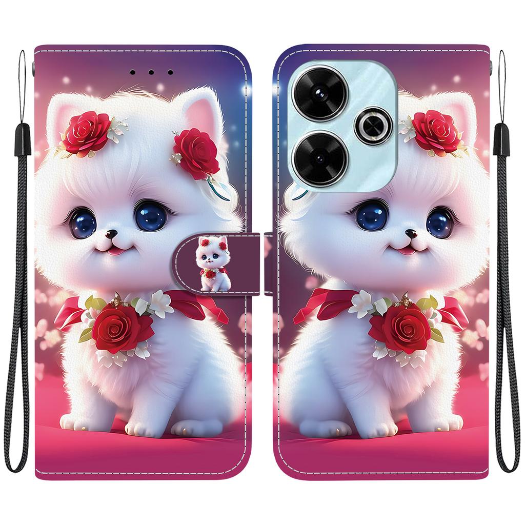 Handmade PU Leather Flip Case for Xiaomi Redmi 13 (4G) / Xiaomi Poco M6 4G Anti-Slip Shockproof Cover with Wrist Strap & Heart/Rose Cat Designs