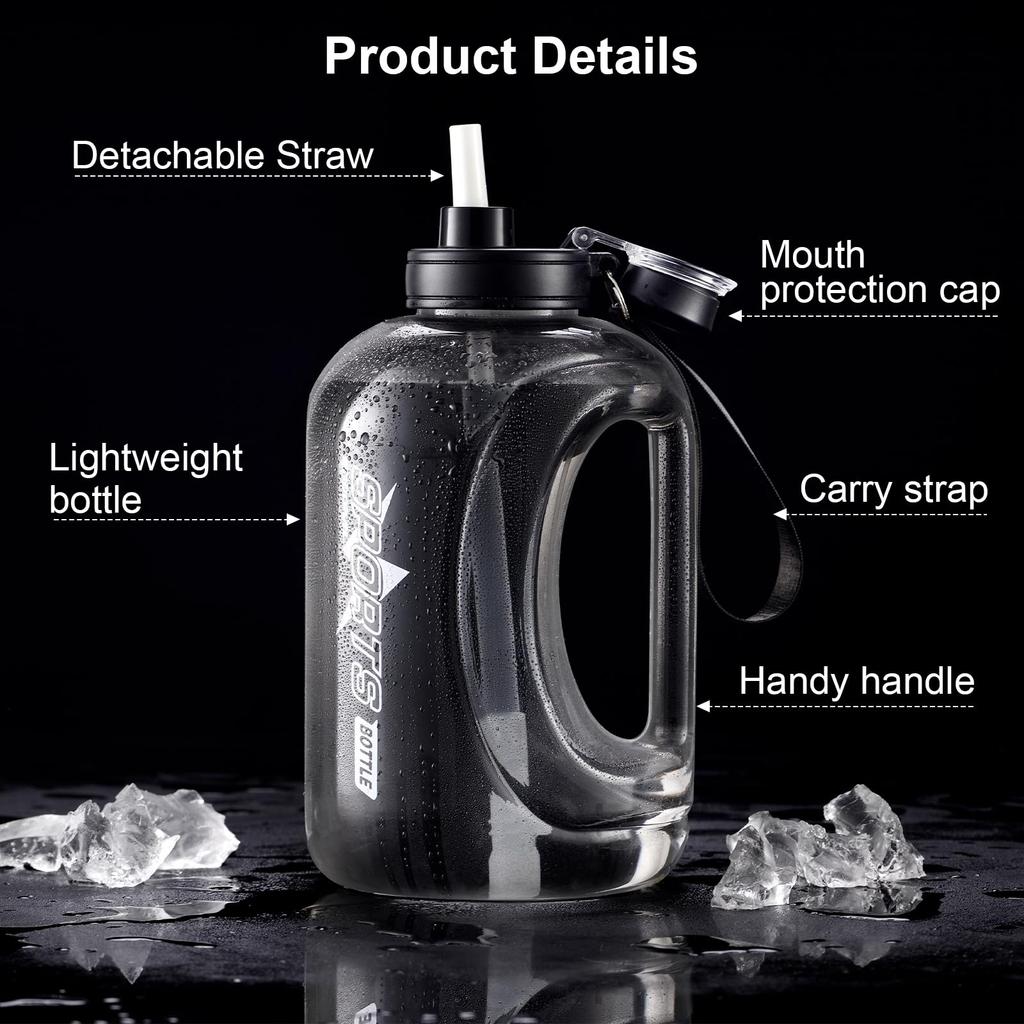 2.8L large capacity sports kettle with straw Black with portable handle outdoor fitness kettle