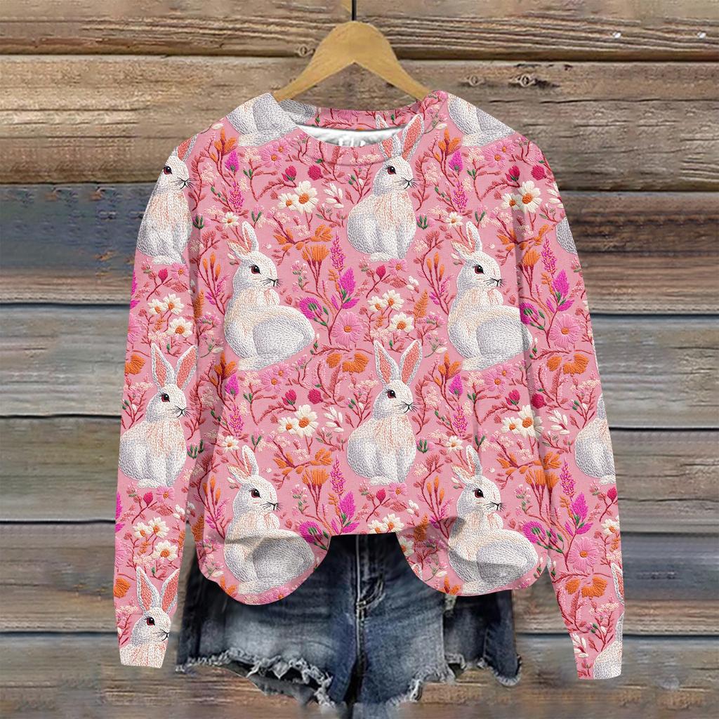 Женская мода Пасха Печатный Длинный рукав Свободный круглый вырез Толстовка Топ