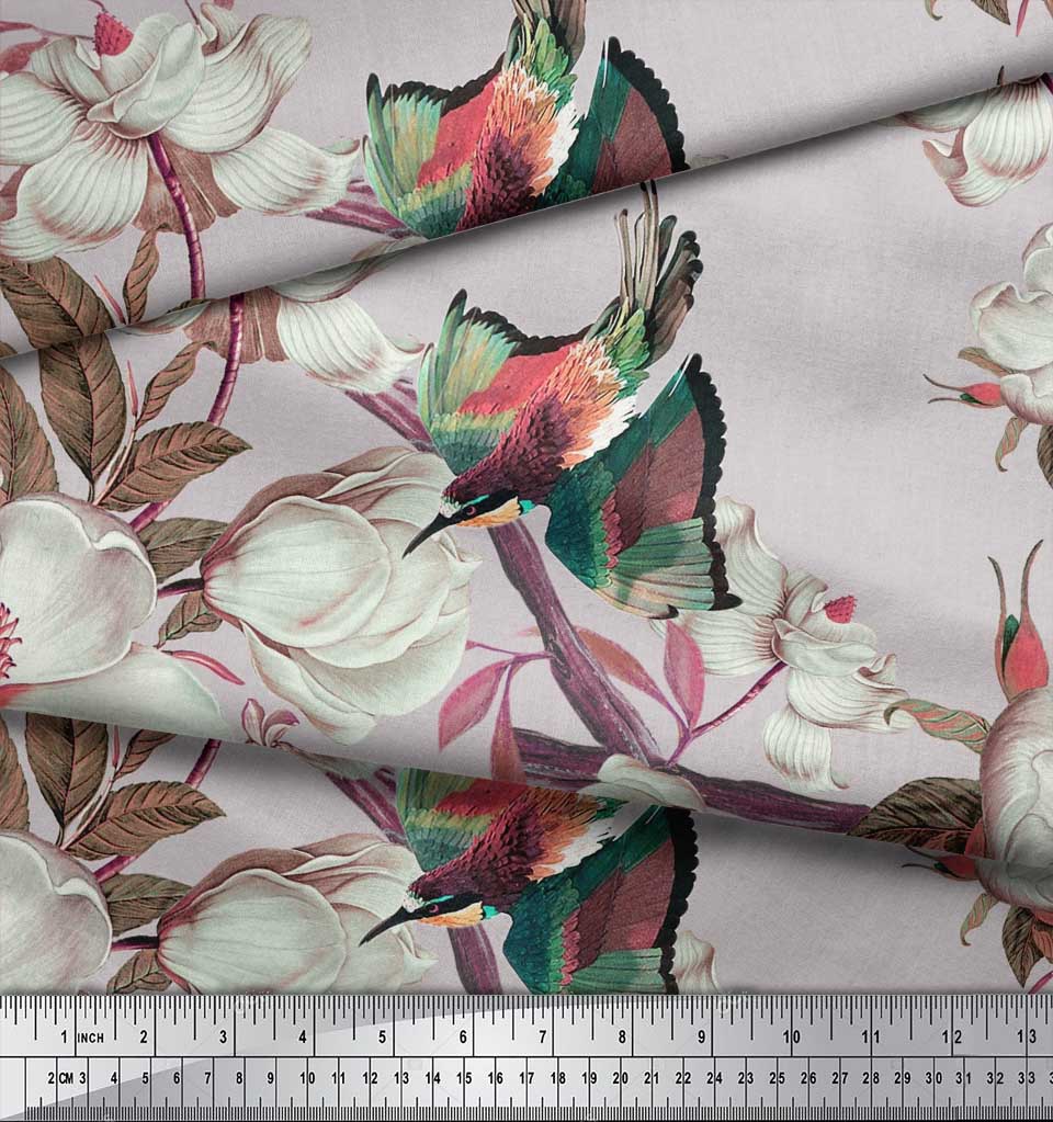 Soimoi Серая полиэфирная креповая ткань с цветочным принтом и принтом зимородка, 42 дюйма по метрам