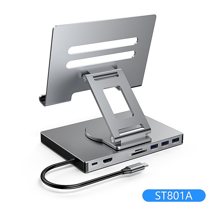 9-в-1 Стенд-хаб USB C для iPad Pro M4/M2/Air 13/12.9/11", 4K HDMI, Ethernet, SD/TF-ридер, 3xUSB 3.0, Складная док-станция