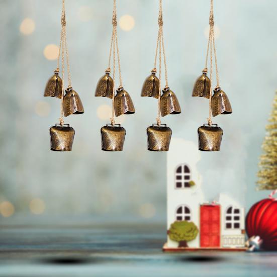 Iron Bell Chime with 3 Large Vintage Cow Bells On Rope Rustic Large Wall Hanging Decor Home Supplies
