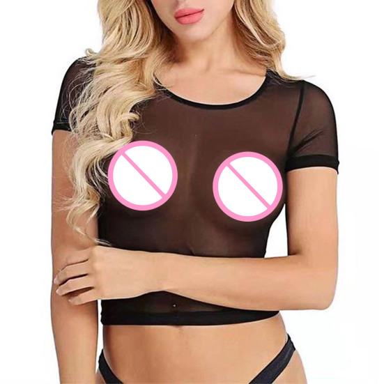 Женский укороченный топ с прозрачной тонкой сеткой, круглым вырезом, короткими рукавами, сексуальная одежда