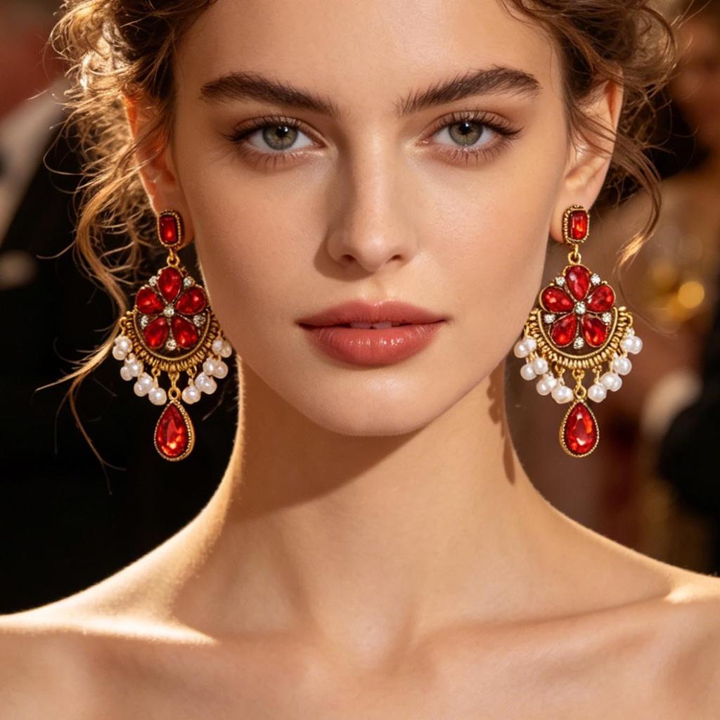 New Indian-style vintage light-luxury floral pearl tassel bohemian rhinestone earrings