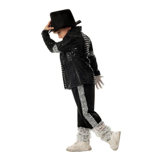 Yousheng Musician Halloween Costume Set for Kids, Black Sequin Jacket, Trousers, Hat, Gloves, 80s 90s Retro Stage Outfits for Disco Party, Fancy Dress
