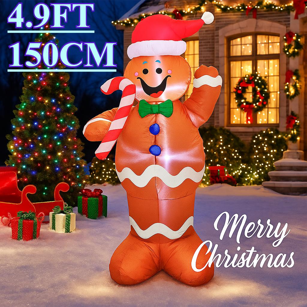 4.9FT Xmas Holiday Inflatable Yard Decor LED Gingerbread Man Candy Cane Outdoor Lawn Garden Toy Supplie Home Decor Ornament Gift