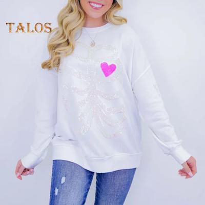 Женская толстовка с рисунком скелета, круглым вырезом, декором из пайеток, длинными рукавами, свободными эластичными манжетами, спортивная повседневная одежда, осенне-весенний топ