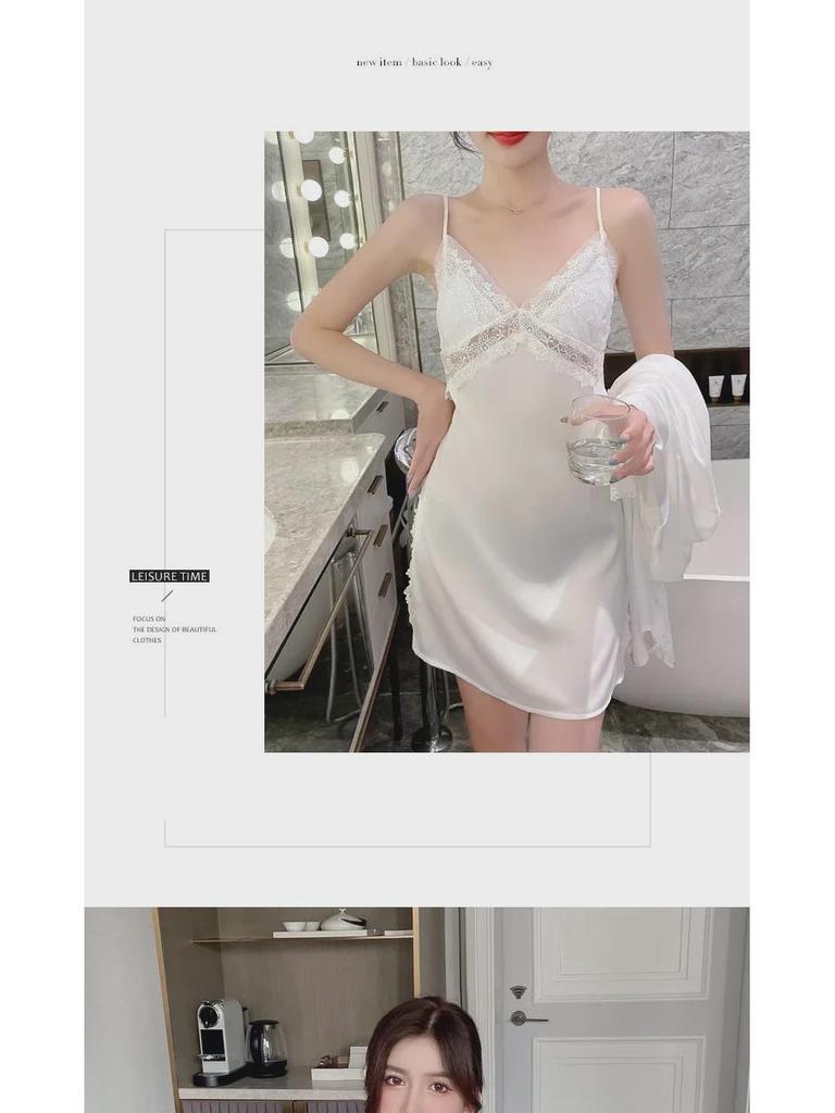 Lace Hollow Temptation Ice Silk Suspender Nightdress & Robe Set with Chest Pad