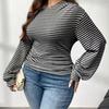 Autumn Large-sized Striped Color-blocked Round-neck Pullover Women's Commuting Versatile Off-the-shoulder Long-sleeved T-shirt