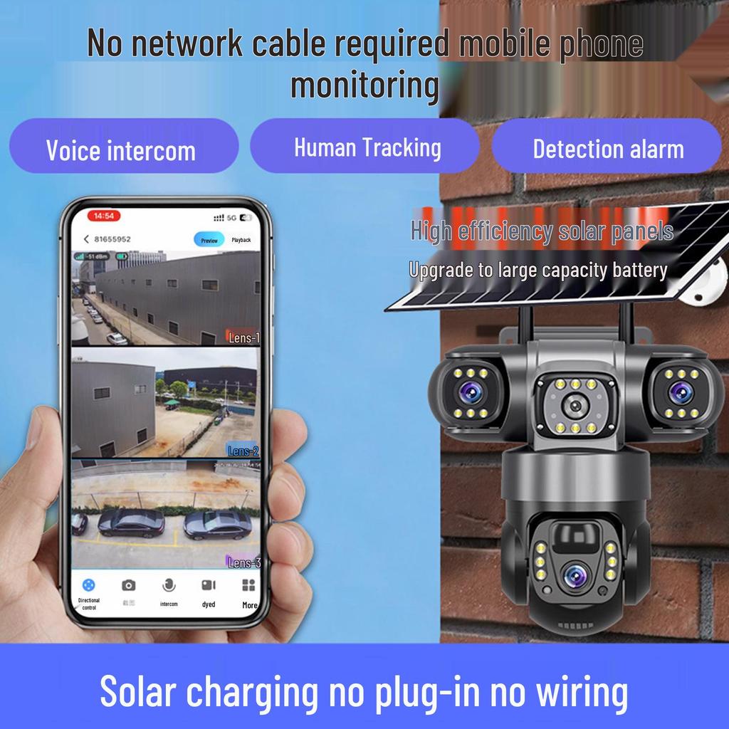 V380 Солнечная 4G Беспроводная HD Ночное Видение WiFi PTZ Камера на Батарейках с Тремя Объективами
