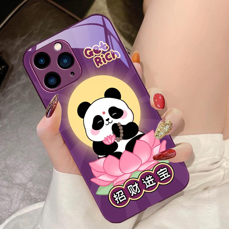 Чехол для телефона из закаленного стекла Сидящая панда лотос для iPhone 16 Pro Max 15 Pro 14 13 12 Mini 11 XS Max XR 7 8 Plus SE 2022