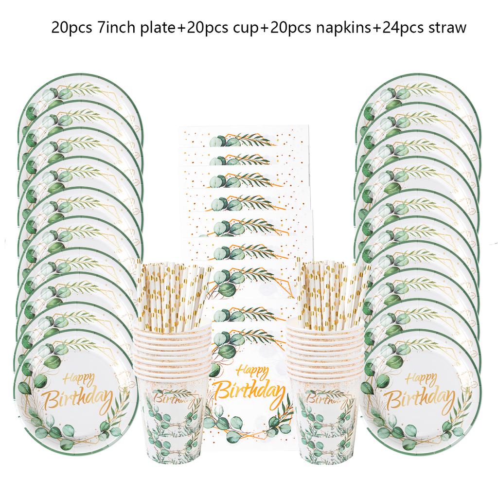 Greenery Eucalyptus Happy Birthday Disposable Plates Cups Napkins Birthday Party Decoration Green Leaf Pattern Birthday Supplies