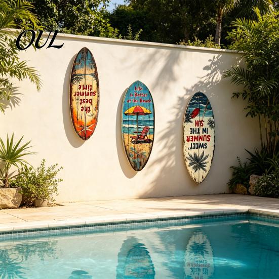 Seaside Room Decoration 1/3Pcs Surfboard Plaque Decoration, Solid Wood Vintage Coastal Wall Sign, Rustic Retro Style Art Ornament for Indoor
