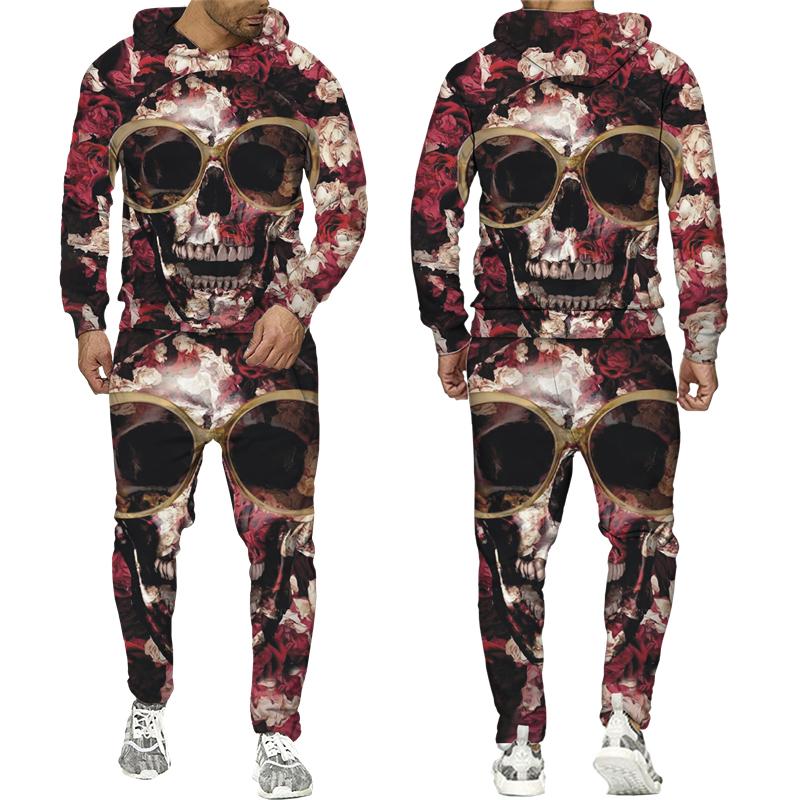 Новинка, спортивный костюм из 2 предметов с 3D принтом черепа и цветов, Мужская крутая толстовка с капюшоном + брюки, спортивный костюм унисекс, повседневная уличная одежда в стиле хип-хоп