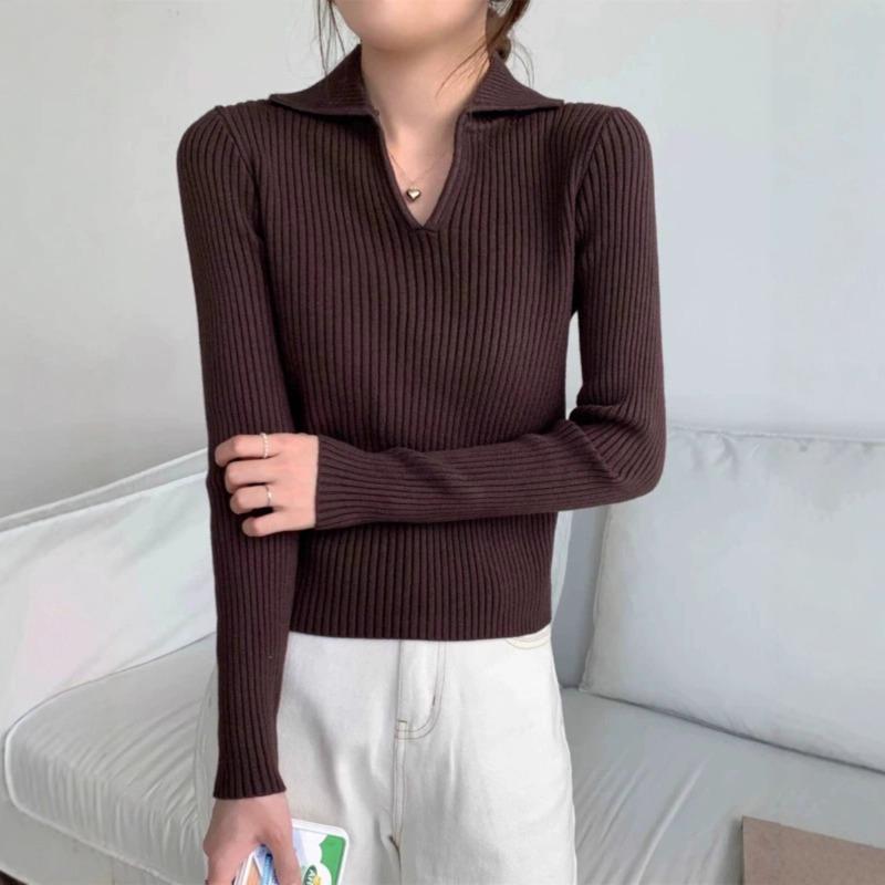 Polo Collar Long-sleeved Knitted Sweater Women's Clothing Early Autumn New Waist Slim-fit Sweater with Bottoming Shirt Top