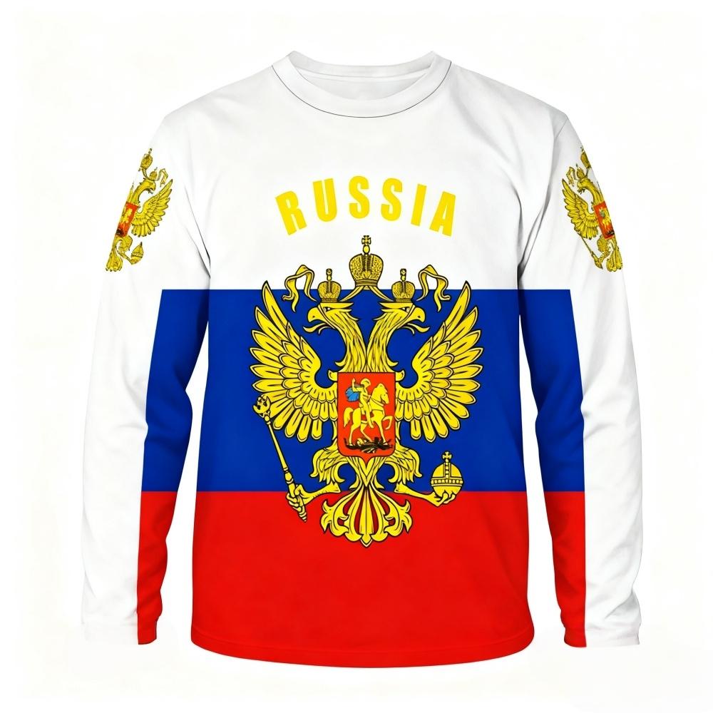 Модные Мужские Футболки с Длинным Рукавом Россия Свободная Круглый Вырез Принт Флага России Мужская Одежда Оверсайз Футболка Streetwear