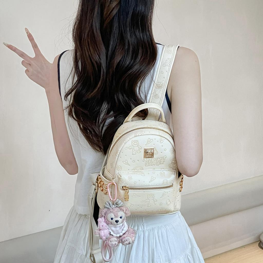 Disney Strawberry Bear Soft Cute All Over Print Studded Sweet Exquisite PU Backpack Women Backpack Strawberry-Pink Cream-Yellow BMK-73406