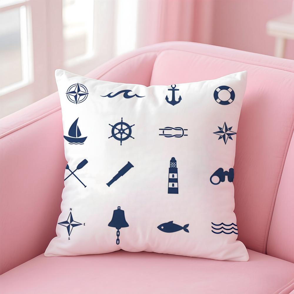 Ocean Blue Compass with Anchor Cushion Cover Pillow Case Soft Skin Friendly Fabric Concealed Zipper