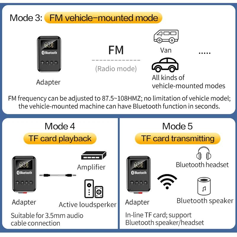 Bluetooth Receiver Transmitter Bluetooth 5.0 Wireless Adapter 3.5mm Jack AUX FM Car Kit Handsfree Call & Mic For PC TV Speaker