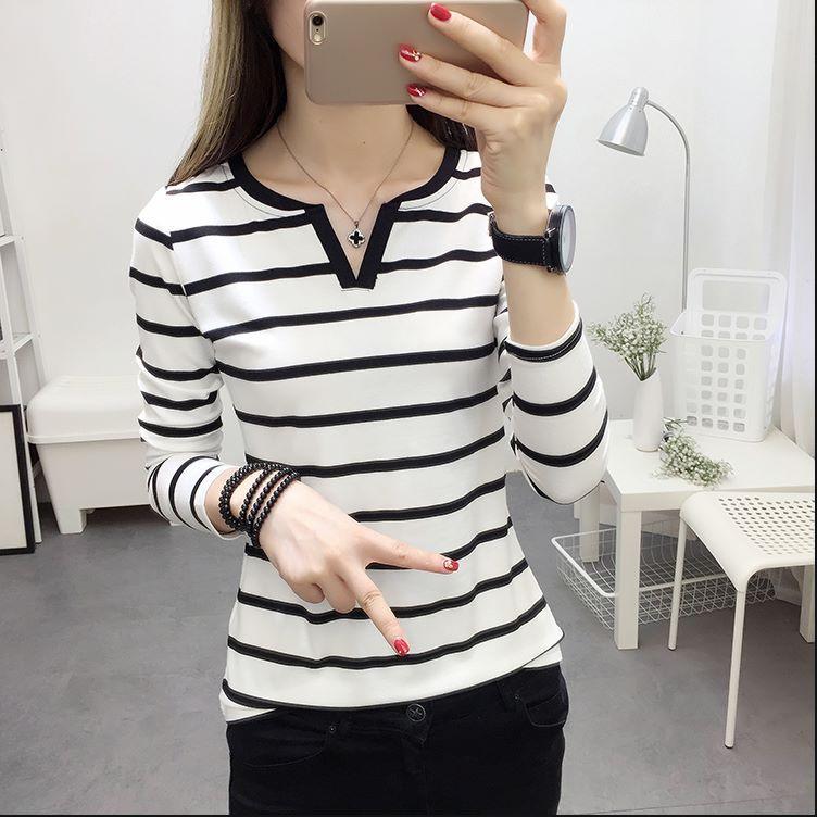 Spring Women's Casual Striped V-Neck Long Sleeve T-Shirt