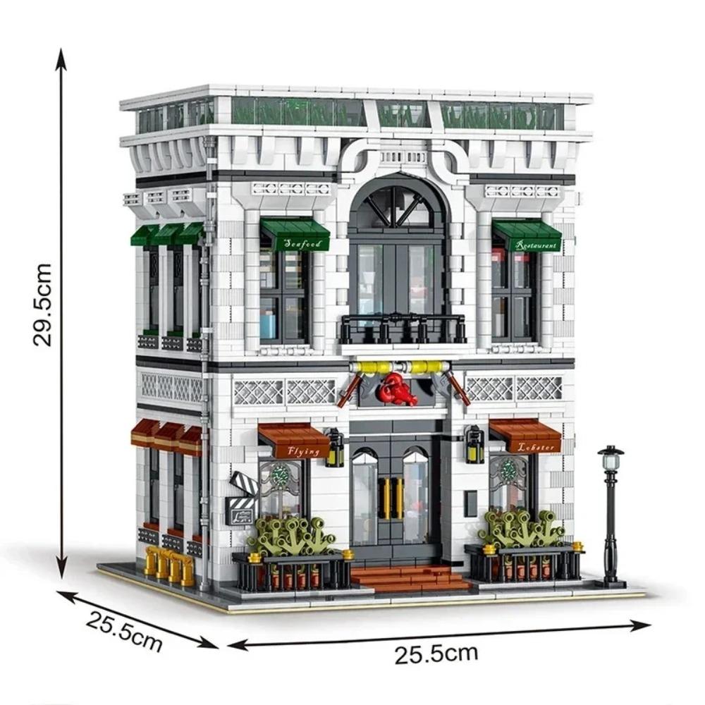4132PCS Seafood Restaurant Model Building Blocks Creative City Street View MOC Bricks Set With Light Desktop Ornaments Kids Toys