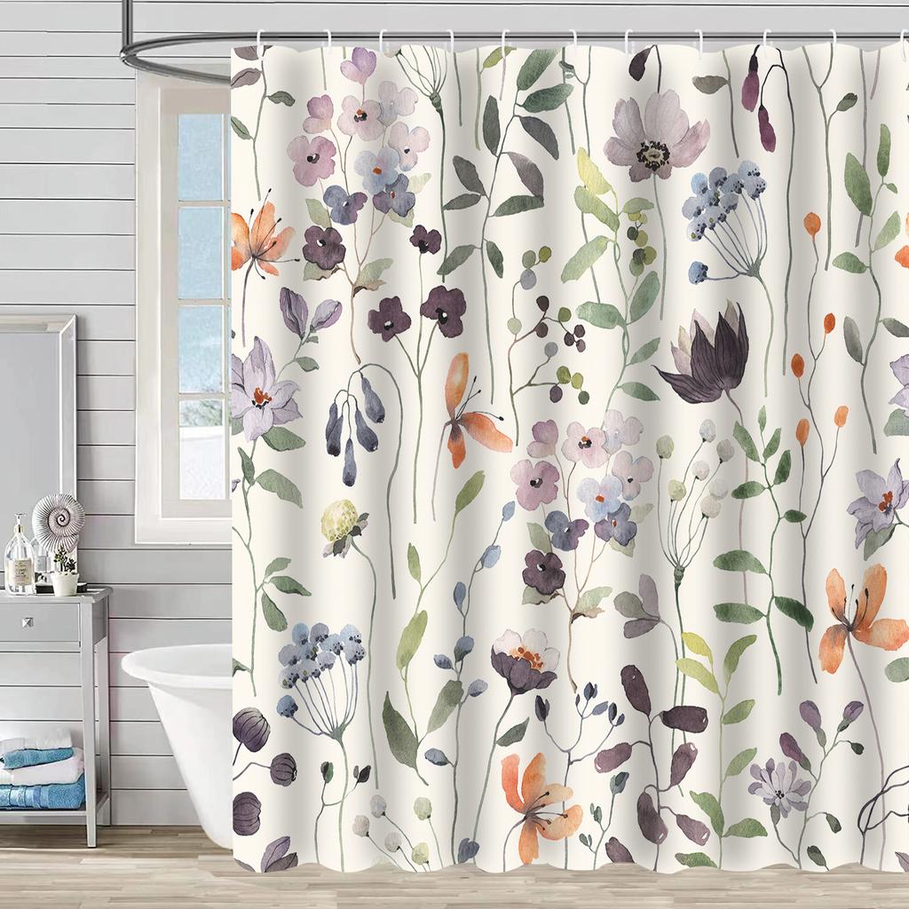 Digital Printing Shower Curtain Waterproof And MildewProof Curtain Watercolor Flower Flower Plant Flower Ben Bathroom Partition Free Punching