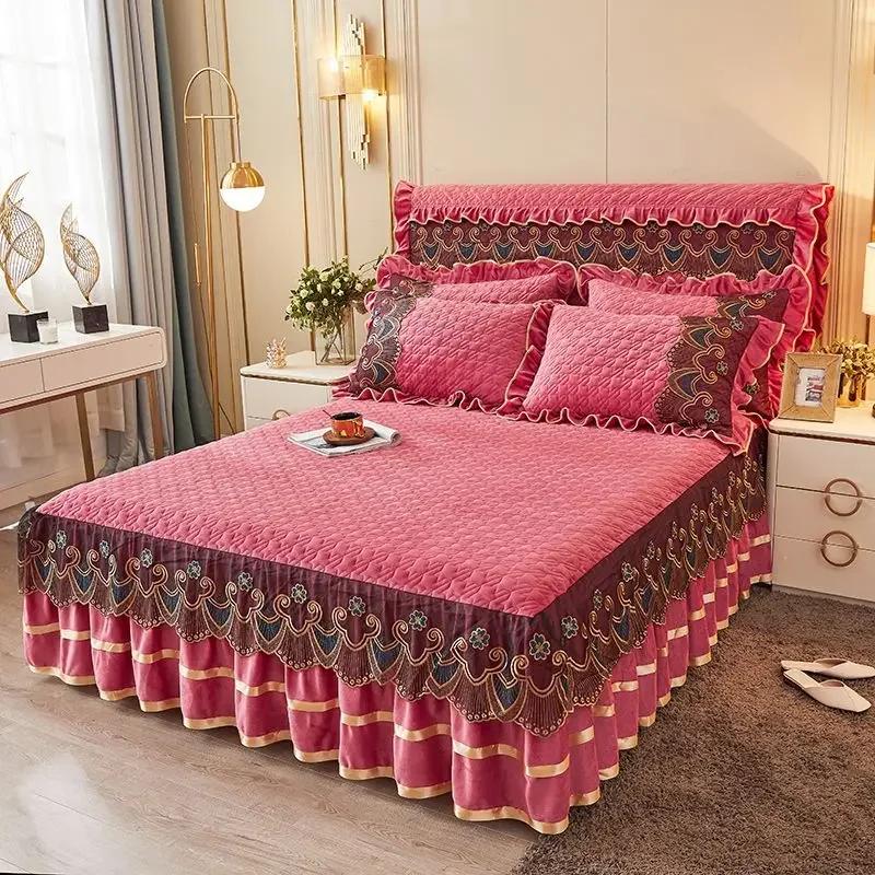 Постельное белье Crystal Velvet Princess для свадьбы, мягкие покрывала, кружевная вышитая юбка для кровати, чехол для матраса, наволочки