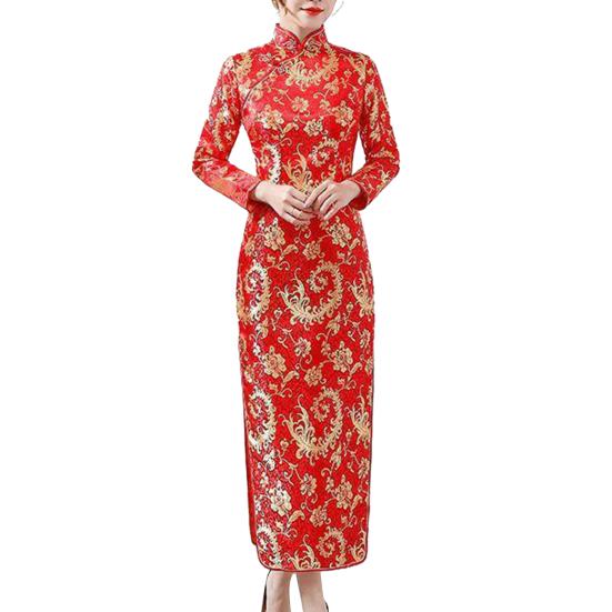 Женское классическое китайское платье в китайском стиле с винтажным цветочным принтом и воротником-стойкой с длинным рукавом и разрезом по щиколотку, платье макси Qipao Cheongsam