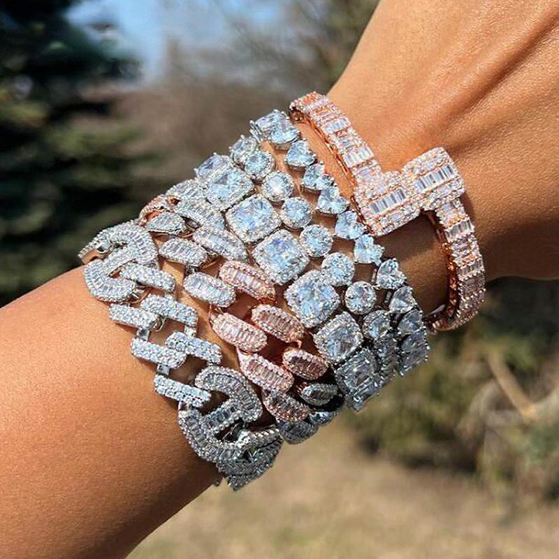 Акция Iced Out Bling 15 мм Прямоугольная CZ Кубинская звеньевая цепь Браслет Двухцветное покрытие 5A Циркон Браслеты Хип-хоп Мужские украшения