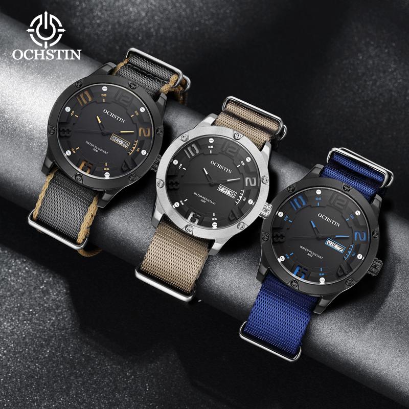 OCHSTIN Men's Watch Quartz Date Week Watches Waterproof Leather Nylon Strap Mens Wristwatches Army Sports Casual Male Clocks