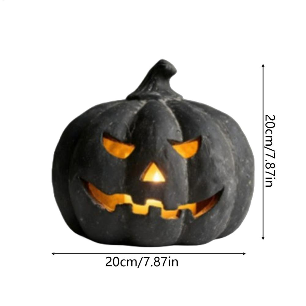 Halloween Pumpkin Lantern Resin Black Sculpture with LED Candle Spooky Figurine Tabletop Decor for Porch Haunted House Party
