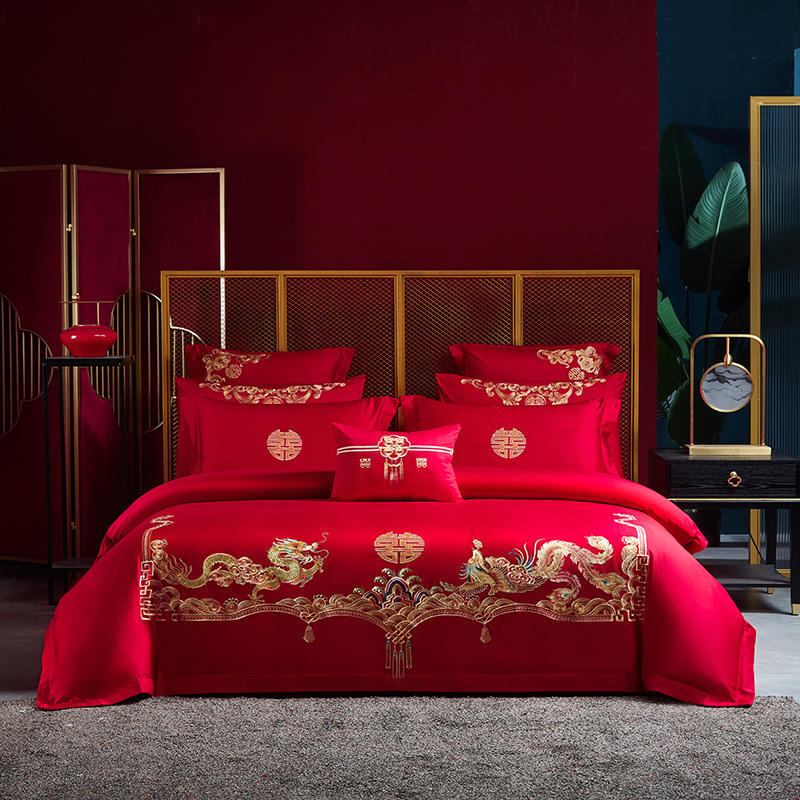 Комплект из четырех предметов с свадебной вышивкой, красное свадебное одеяло, постельное белье, свадебное пододеяльник, простыни, постельное белье для молодоженов, комплект из шести предметов для свадебной кровати